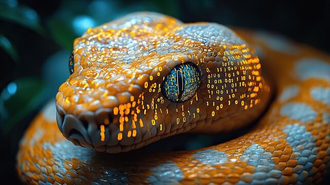 snake covered in binary code represents python programming symbolizing coding and dat manipulation.image
