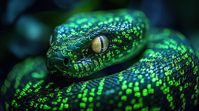snake intertwined with binary code symbolizing python libraries and programming.stock image