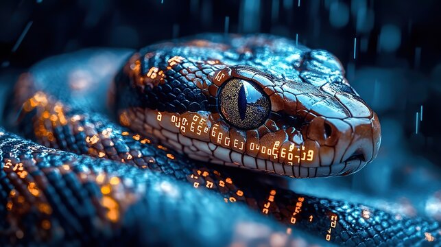 snake intertwined with binary code symbolizing python programming and coding.image