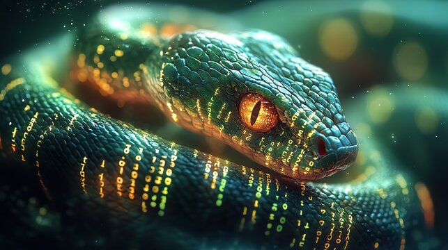 snake intertwined with binary code symbolizing python libraries and programming
