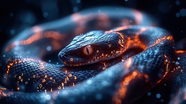 snake intertwined with binary code symbolizing python libraries and programming.illustration