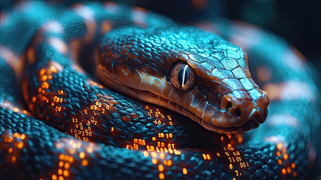 snake intertwined with binary code symbolizing python libraries and programming.image