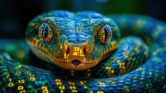 snake intertwined with binary code symbolizing python programming and coding.stock image
