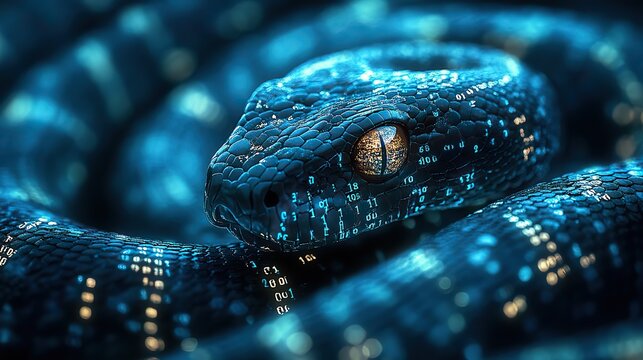 snake intertwined with binary code symbolizing python programming and coding