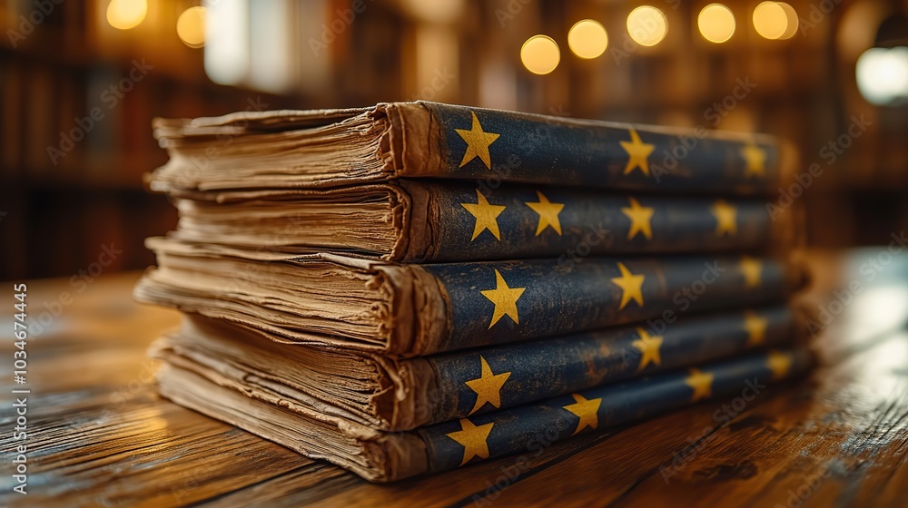 Poster stack of documentation on wooden table with written ai regulation highlighting eu laws and policies 