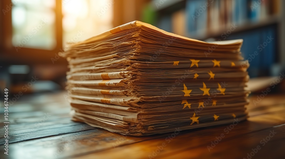 Poster stack of documentation on wooden table with written ai regulation highlighting eu laws and policies 
