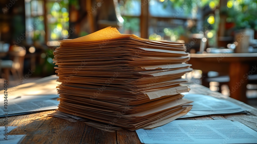 Poster stack of documentation on wooden table with written ai regulation highlighting eu laws and policies 