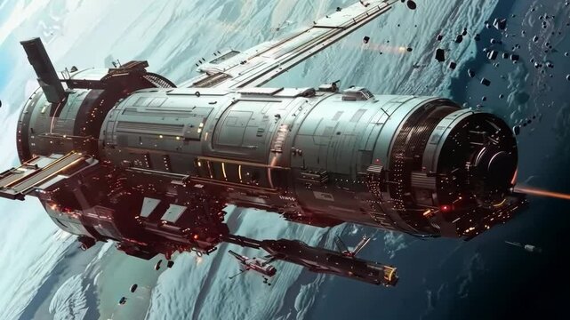 Futuristic spacecraft docking at a space station, Video