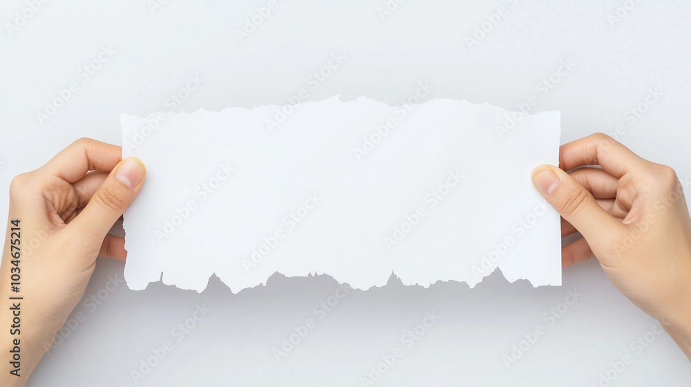 Aufkleber torn paper message: a pair of hands delicately hold a torn piece of white paper, creating a blank ca