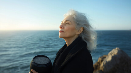Elderly woman in black holds an urn with ashes by the ocean at sunrise