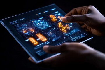 A close-up of hands flipping through a company portfolio, featuring financial reports and strategy documents