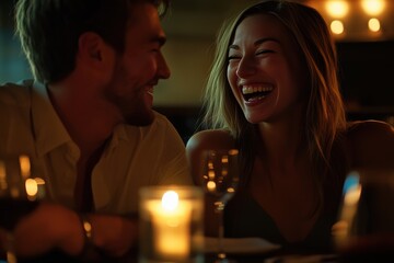 A couple enjoying a romantic dinner at a chic restaurant, candlelight illuminating their faces as they share a laugh over a glass of wine