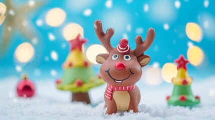 Charming Christmas Reindeer with Miniature Christmas Trees on Blue Background, Minimalist Plasticine Clay Style, Cute Dreamy Smilecore, Creative Miniature Photography.