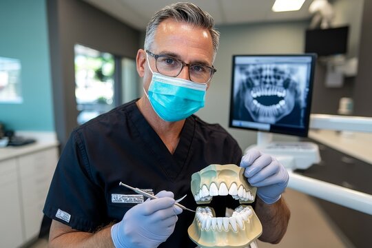 A dentist explaining bite patterns using a jaw model, highlighting overbite and underbite differences