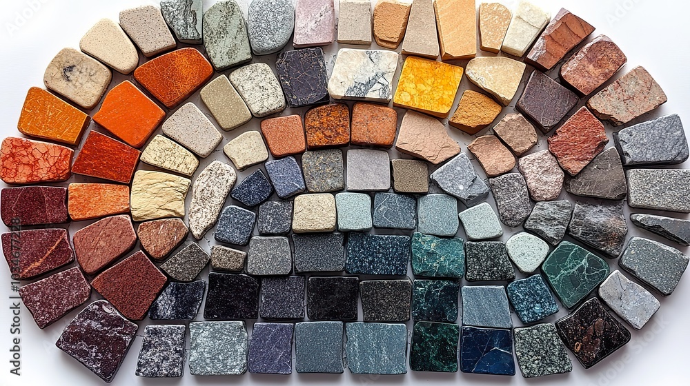 Poster variety of stone and tile samples in different colors and textures arranged in semi circle showcasin