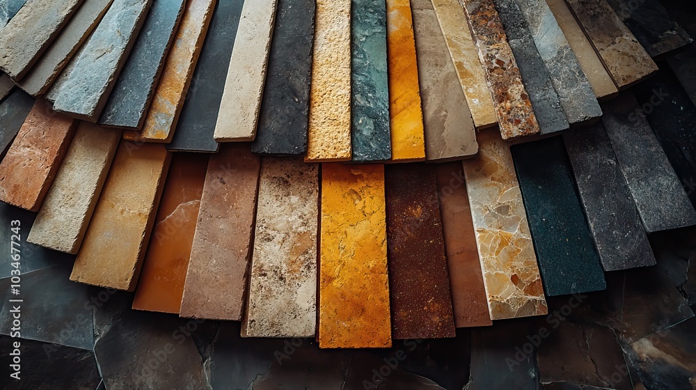 Poster variety of stone and tile samples in different colors and textures arranged in semi circle showcasin