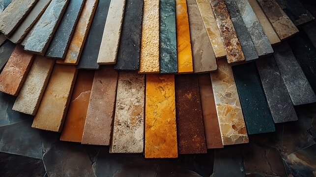 variety of stone and tile samples in different colors and textures arranged in semi circle showcasing options for floor design