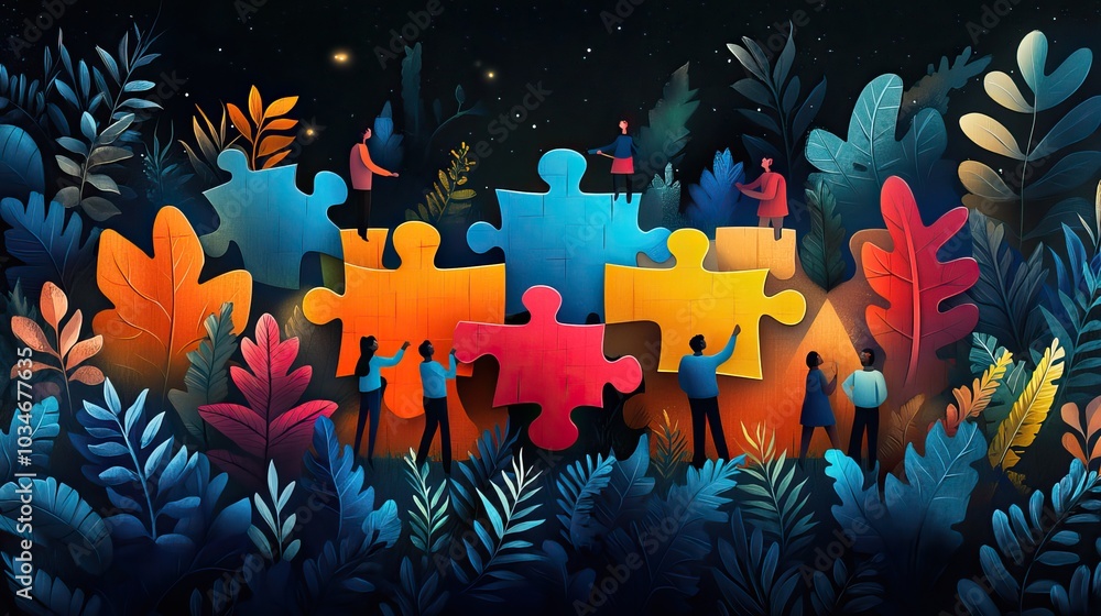 Poster vibrant and stylizeddepicting diverse group of people collaboratively holding and connecting colorfu