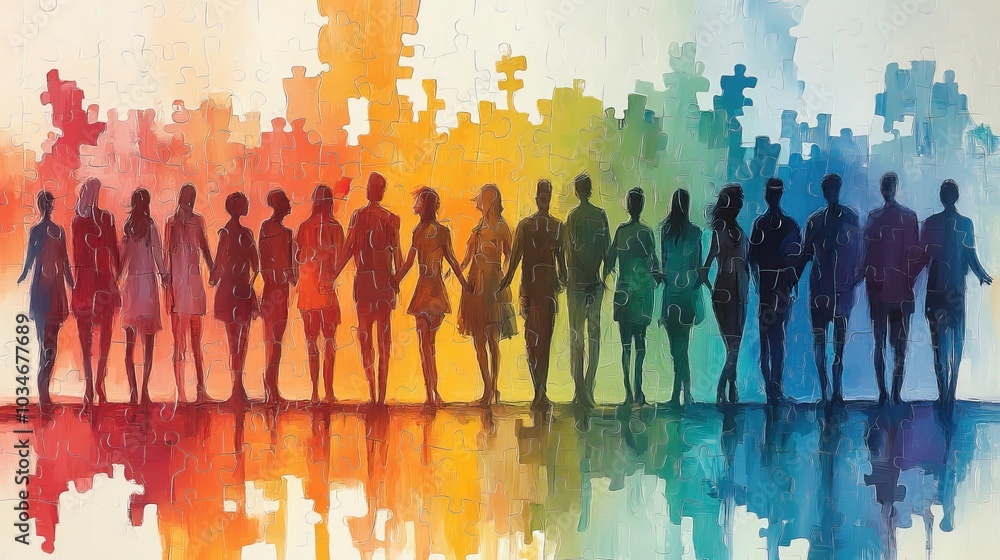 Poster vibrant and stylizeddepicting diverse group of people collaboratively holding and connecting colorfu