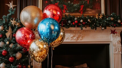 Festive Balloons with Christmas Decor Background