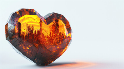 Fototapeta premium A faceted crystal heart enclosing a glowing futuristic cityscape with warm orange light on a white background