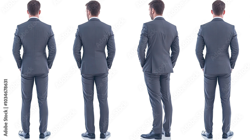 Poster back views of four businessmen in suits standing in a line generative ai