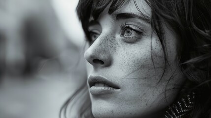 Black and White Portrait of a Woman with Freckles