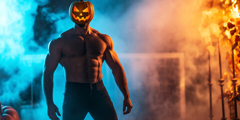 Muscular man with a jack-o'-lantern head standing on a rooftop, surrounded by glowing Halloween decor
