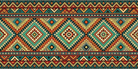 A Seamless Pattern of Geometric Shapes in Vibrant Hues of Red, Orange, Yellow, Green, and Blue