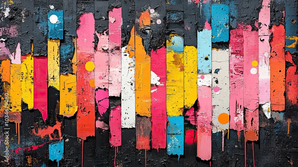Poster vibrant high contrast art collage featuring an array of colorful elements seamlessly blended into dy