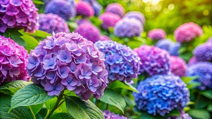 A vibrant display of hydrangeas in various shades of purple and blue, with lush green foliage creating a natural backdrop.