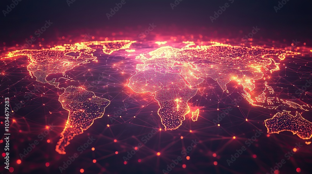 Poster vibrantof global communication network showcasing interconnected digital nodes and pathways across t