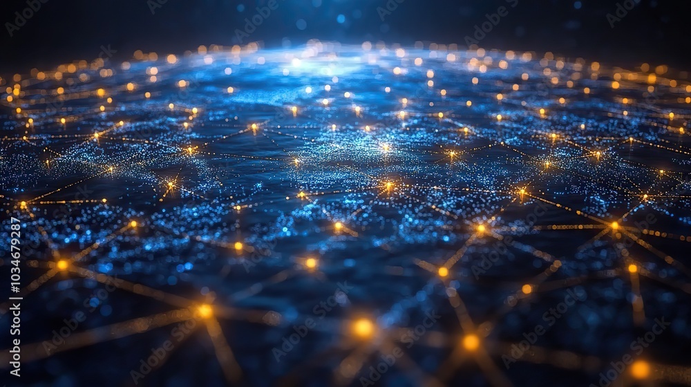 Poster vibrantof global communication network showcasing interconnected digital nodes and pathways across t