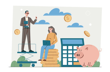 Businesspeople with career growth. Man and woman sits nearpiggy bank and calculator. Business strategy and performance. Financial literacy and passive income. Flat vector illustration