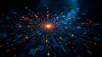 An array of interconnected circuit paths illuminates a central point with glowing lights, illustrating the intricate beauty of technology in a dark environment