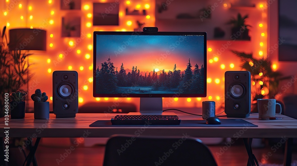 Poster vibrant podcasting setup with computer microphone speakers and colorful decor illustrating dynamic s