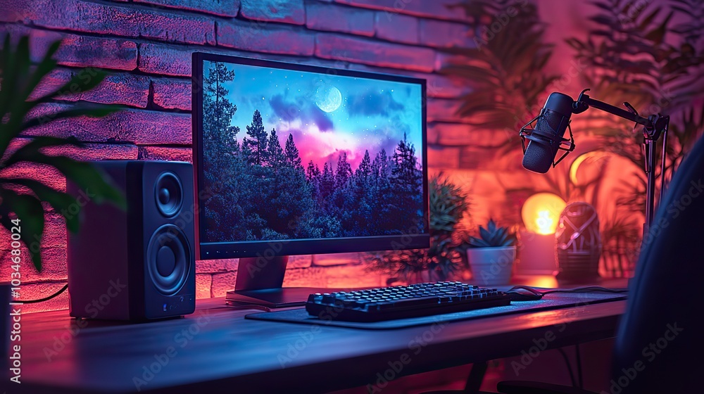 Poster vibrant podcasting setup with computer microphone speakers and colorful decor illustrating dynamic s