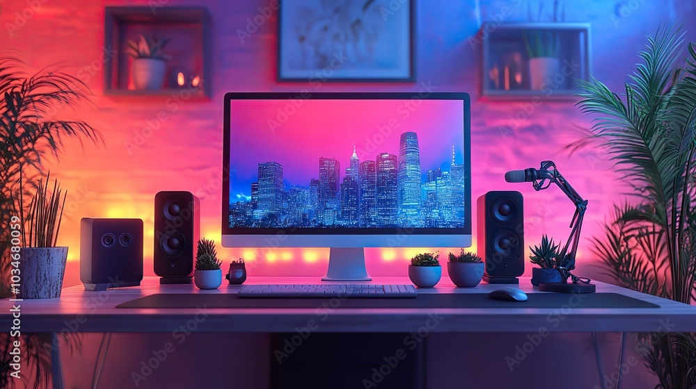 Poster vibrant podcasting setup with computer microphone speakers and colorful decor illustrating dynamic s