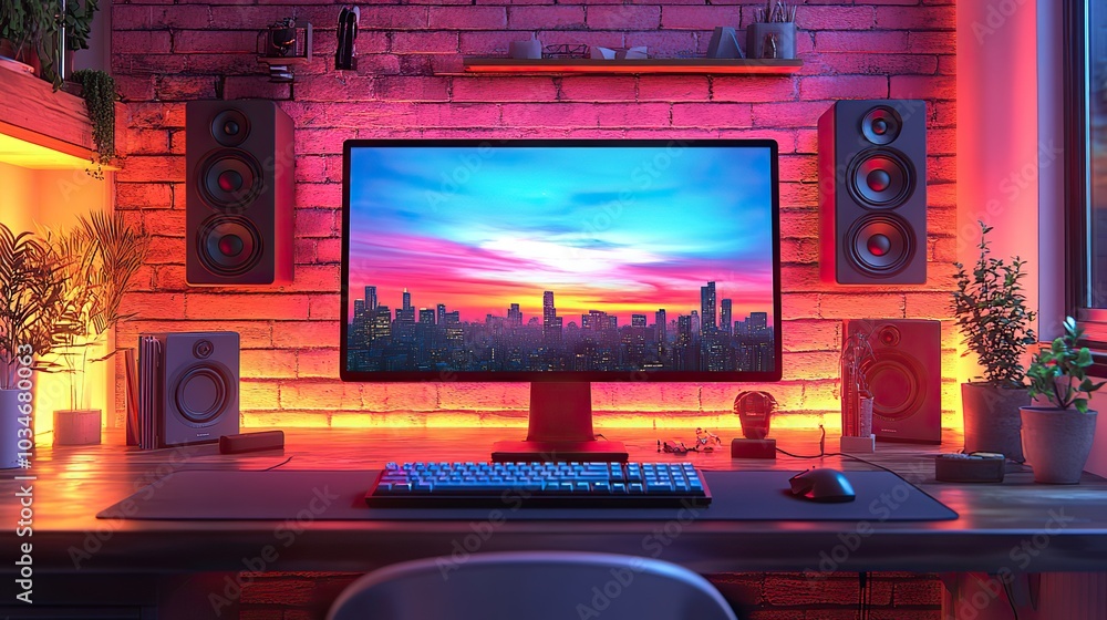 Poster vibrant podcasting setup with computer microphone speakers and colorful decor illustrating dynamic s