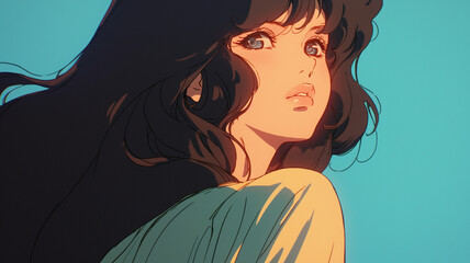 1970年代、1980年代のシティポップを意識した女性のグラフィックアート,レトロポップ,懐かしい,エモい,J-pop,エモーショナル,チル,背景素材