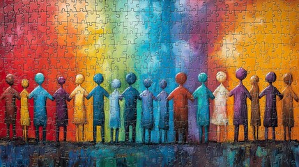 vibrant stylizeddepicting diverse individuals holding colorful puzzle pieces symbolizing teamwork collaboration and unity in achieving common goals.illustration