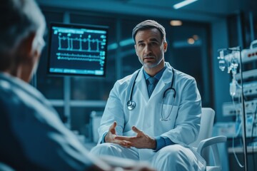 A doctor in a lab coat explaining a diagnosis to a patient in a bright