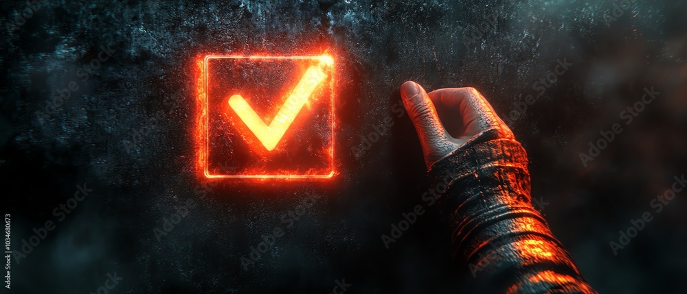 Poster artistic 3d rendering of a hand directed at a check mark icon, illuminated against a rich dark backg