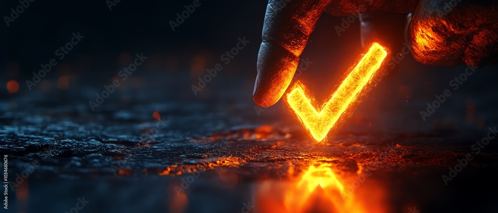 Poster artistic 3d rendering of a hand directed at a check mark icon, illuminated against a rich dark backg