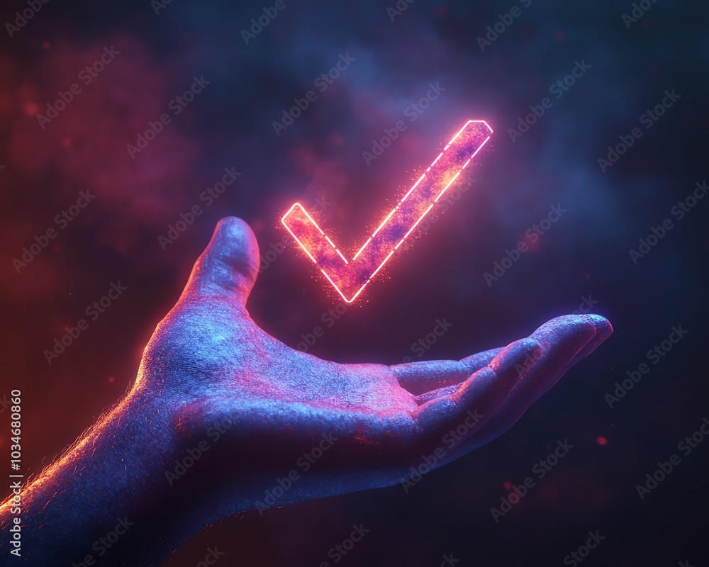 Poster contemporary design showcasing a hand gesturing towards a luminous check mark icon, 3d rendering wit