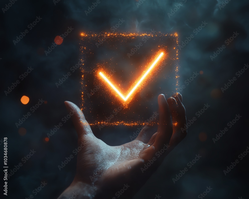 Poster contemporary design showcasing a hand gesturing towards a luminous check mark icon, 3d rendering wit