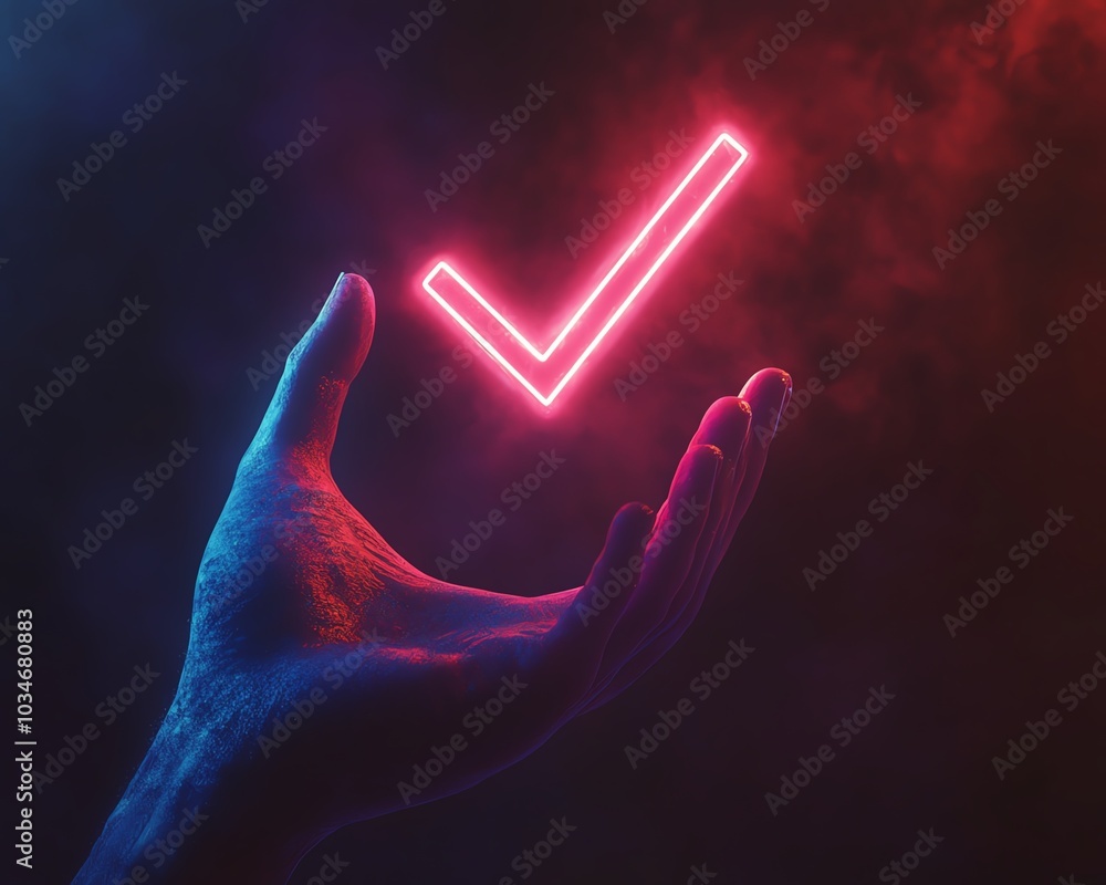 Poster contemporary design showcasing a hand gesturing towards a luminous check mark icon, 3d rendering wit