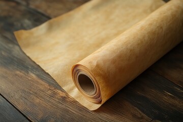 A roll of parchment paper on a wooden table.