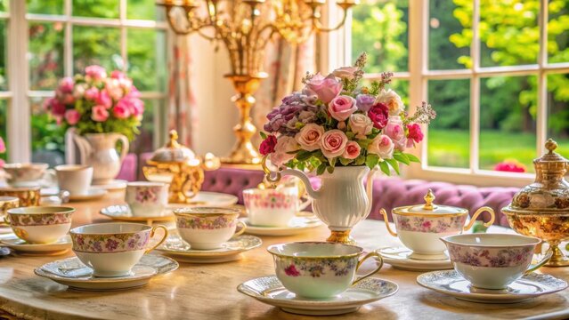 Lavish Bridgerton themed tea experience with elegant table setting and vintage teacups, Bridgerton, tea party