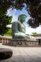 Fototapeta premium A massive bronze statue Great Buddha of Kamakura bronze statue under trees, Japan